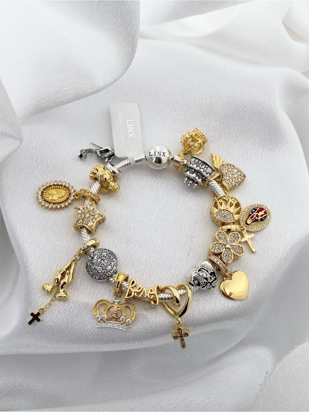 Linx Snake Chain Bracelet with Gold Religious Quinceanera Themed Charms